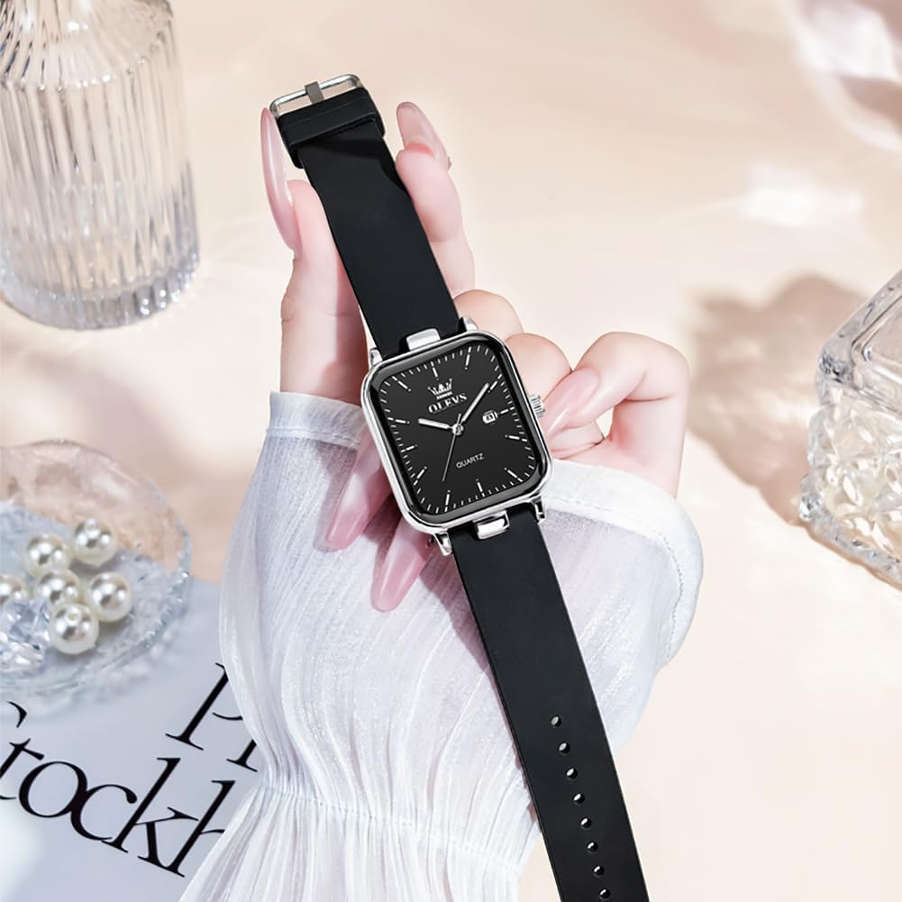 OLEVS Reloj para Mujer Casual Fashion Cuadrante Cuadrado Correa de Silicona Negra Elegante Delicado Cuarzo a Prueba de Agua Lectura Fácil
