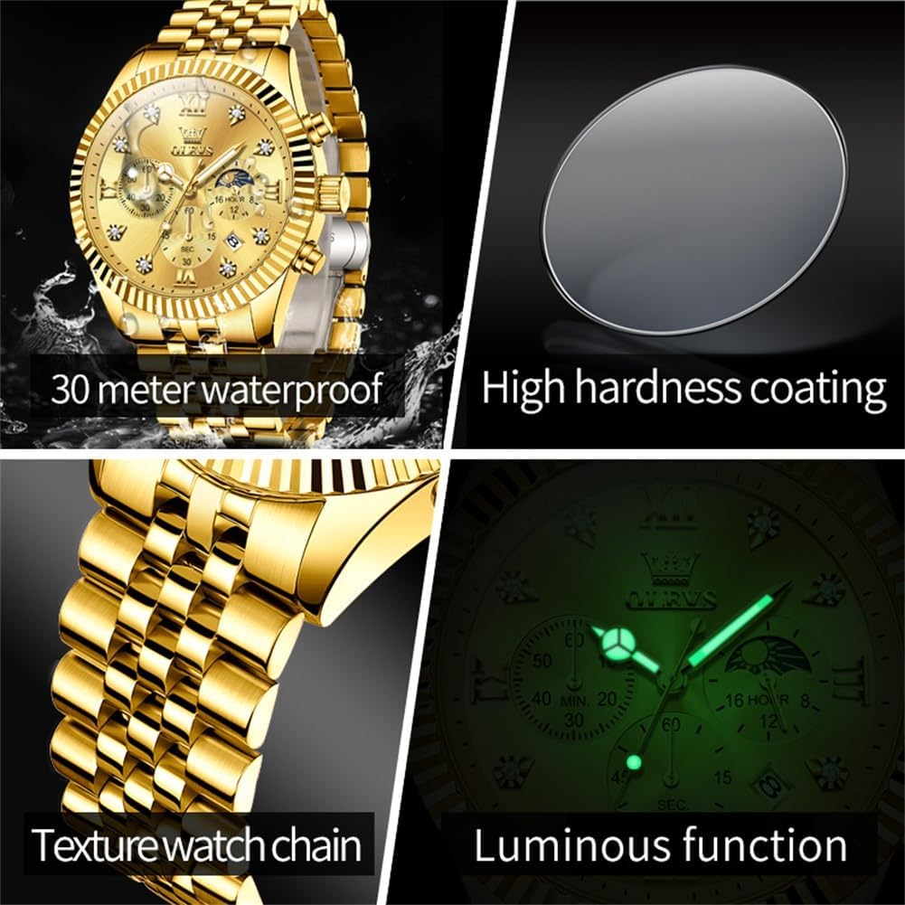 OLEVS Reloj para hombres, cuarzo, acero inoxidable, vestir, impermeable, luminoso