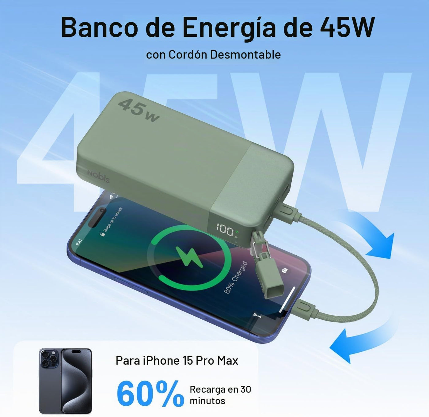 NOBIS Cargador portátil de 20000 mAh, batería de 45 W, carga rápida...