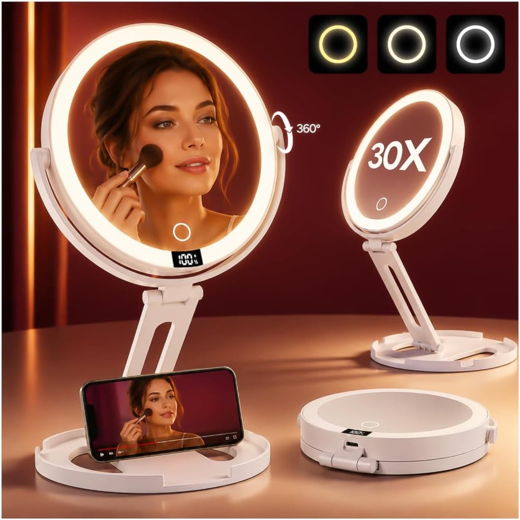 Espejo de maquillaje de viaje con luces, espejo de aumento de doble cara 1X