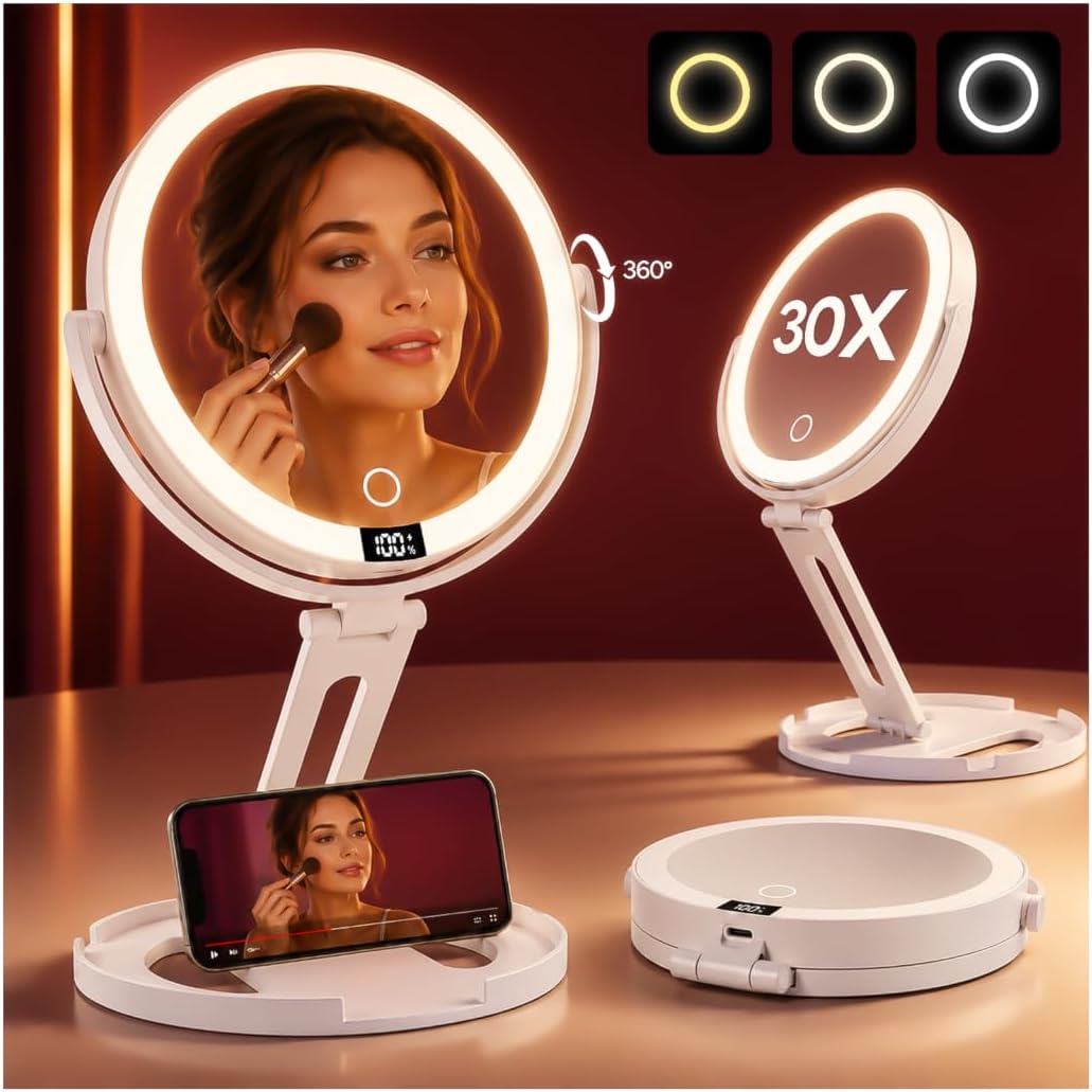Espejo de maquillaje de viaje con luces, espejo de aumento de doble cara 1X