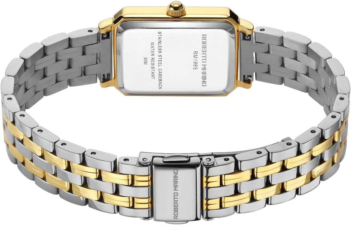 Roberto Marino RM1982 Reloj de Lujo para Mujer Rectangular en Oro – Movimiento de Cuarzo Japonés, Diseño Vintage de Acero Inoxidable, Esfera Plateada, Elegante Pieza de Vestir, Resistente al Agua 3ATM