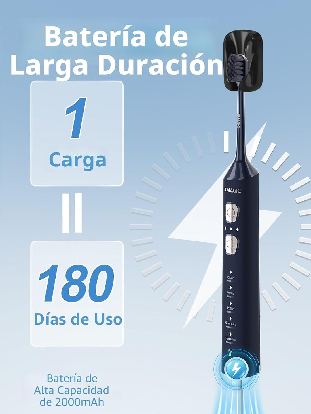 7MAGIC - Cepillo de dientes eléctrico sónico, tiempo de funcionamie...