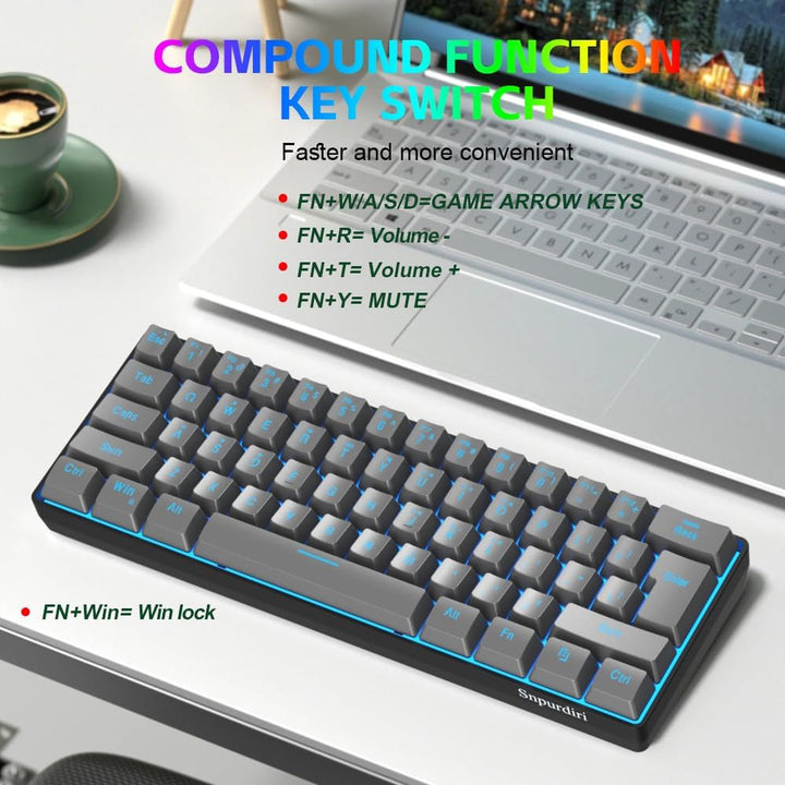 Snpurdiri Teclado para juegos 60% con cable, retroiluminado RGB, ul...