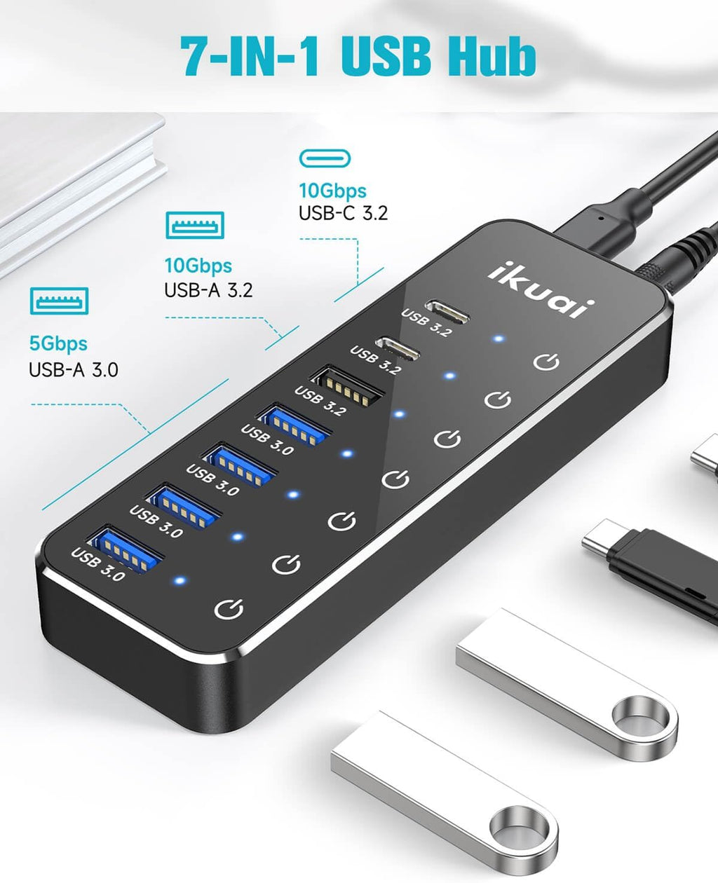 ikuai, hub USB 3.2 de 7 puertos, alimentado, adaptador 5V/3A