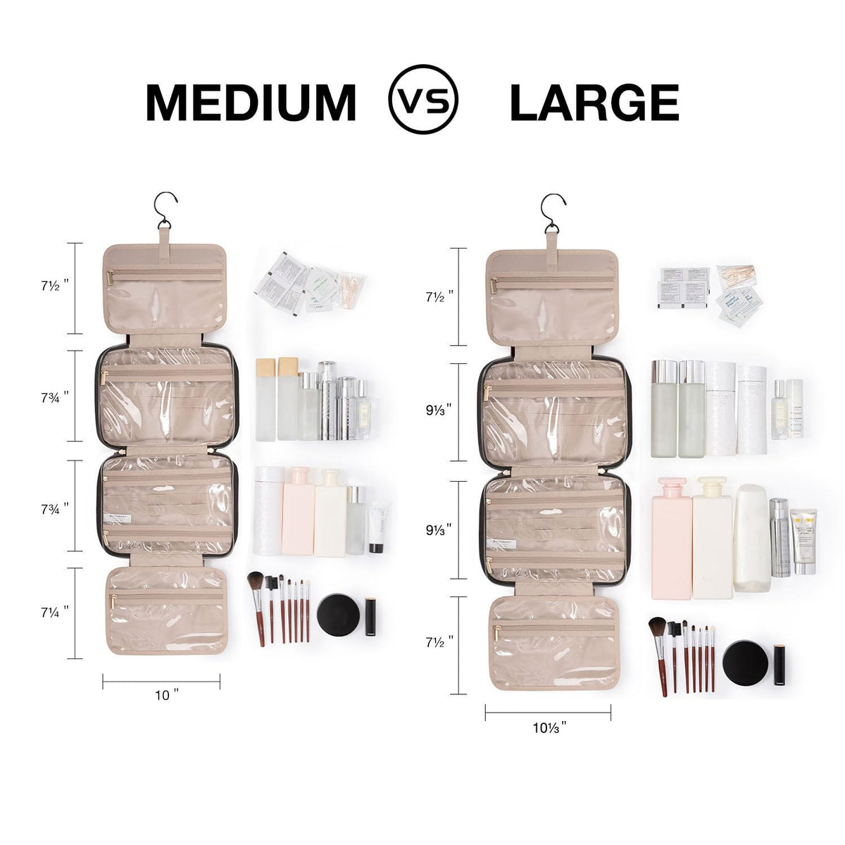 BAGSMART - Neceser de viaje con gancho para colgar, bolsa de maquillaje a cuadros, organizador de viaje para accesorios, champú, recipiente de tamaño completo, artículos de tocador (tablero de ajedrez caqui, mediano)