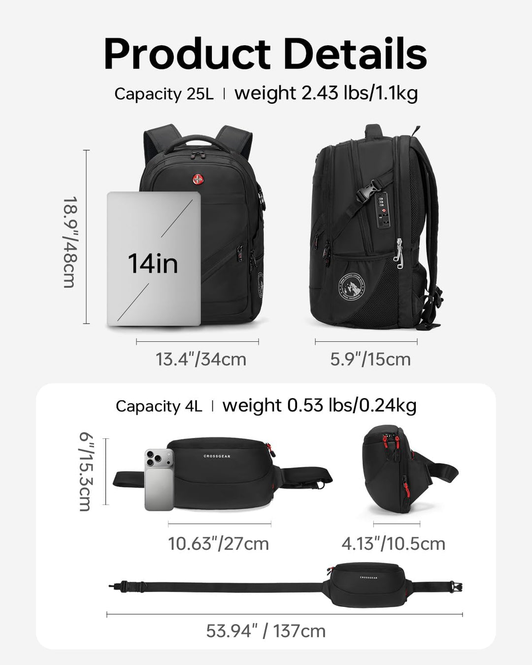CROSSGEAR Mochila para laptop de 17.3 pulgadas para hombres y mujer...