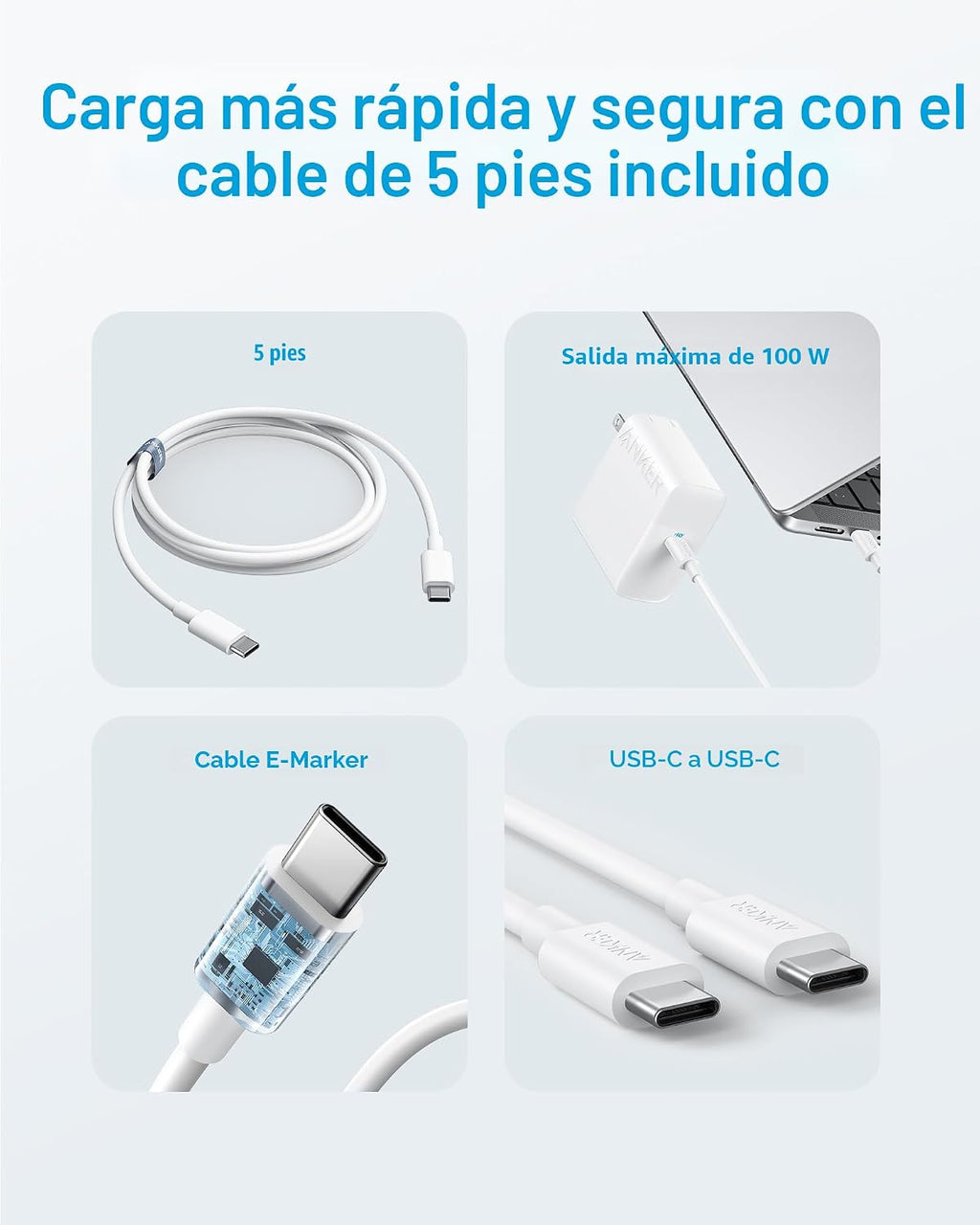 Cargador para portátil Anker, compacto y plegable de 100W USB-C con cable de 5 ft