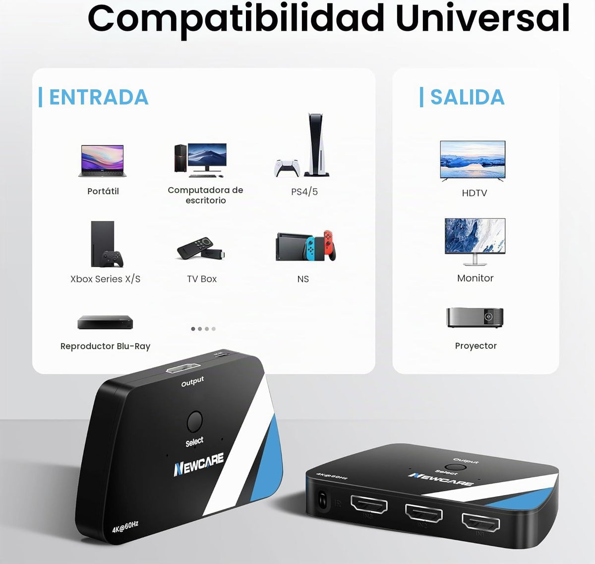 Interruptor HDMI 2.1 3 en 1 salida, 4K @120Hz 8K @60Hz 48Gbps Dolby ALLM