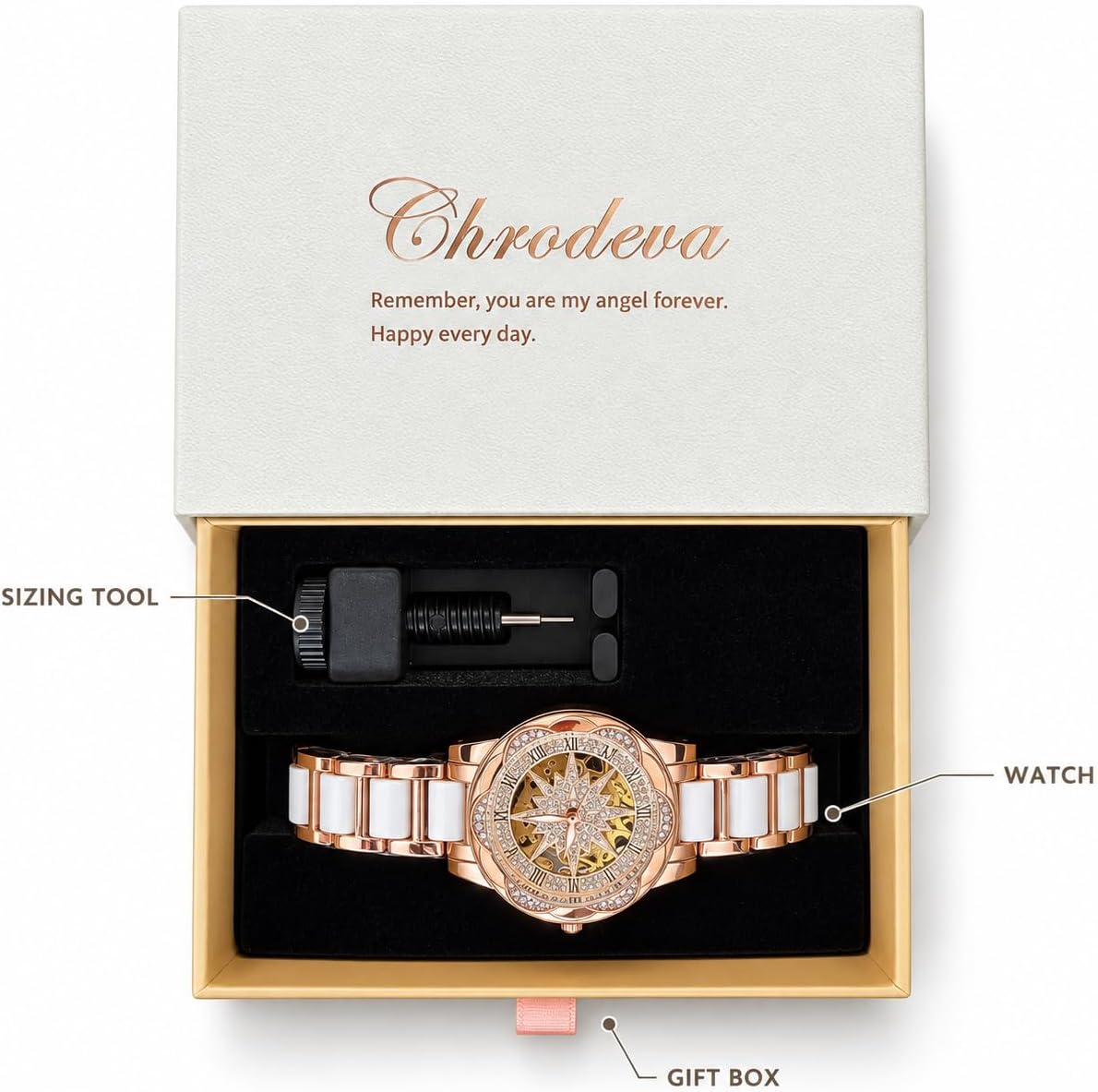 Reloj de oro rosa para mujer, esfera acentuada con cristal de 1.44 pulgadas, pulsera de cerámica blanca y acero inoxidable, reloj de vestir luminoso resistente al agua