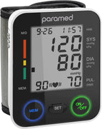 PARAMED Monitor automático de presión arterial de muñeca: kit de presión arterial de brazalete Bp + 2AAA y estuche de transporte - Detector de latidos cardíacos irregulares y función de memoria de 90
