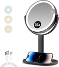 MIYADIVA Espejo de maquillaje con luces, espejo de aumento 20X con luz e interruptor táctil, espejo de tocador con 3 luces de color y 80 LED, espejos ampliados iluminados de 2 lados de 8.8 pulgadas, color negro