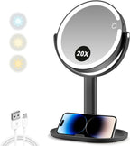 MIYADIVA Espejo de maquillaje con luces, espejo de aumento 20X con luz e interruptor táctil, espejo de tocador con 3 luces de color y 80 LED, espejos ampliados iluminados de 2 lados de 8.8 pulgadas, color negro