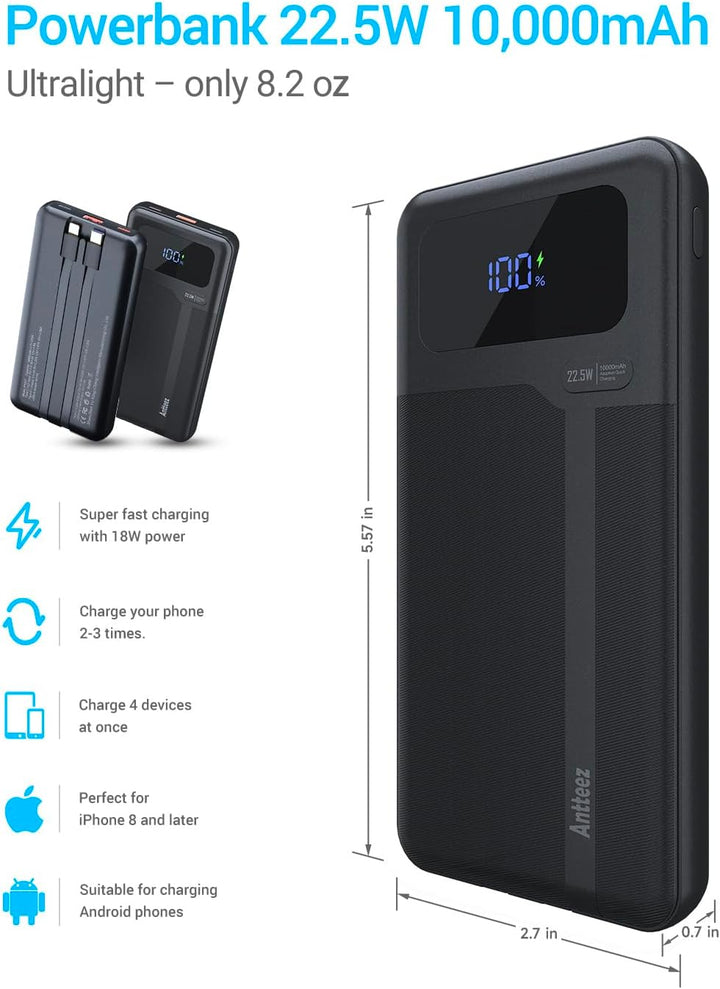 Antteez Cargador portátil con cable integrado \u2013 10000 mAh carg...