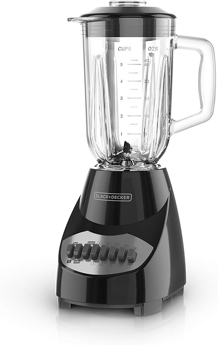 BLACK+DECKER, licuadora para encimera con jarra de vidrio para 6 tazas, configuración de 10 velocidades, de color negro, BL2010BG