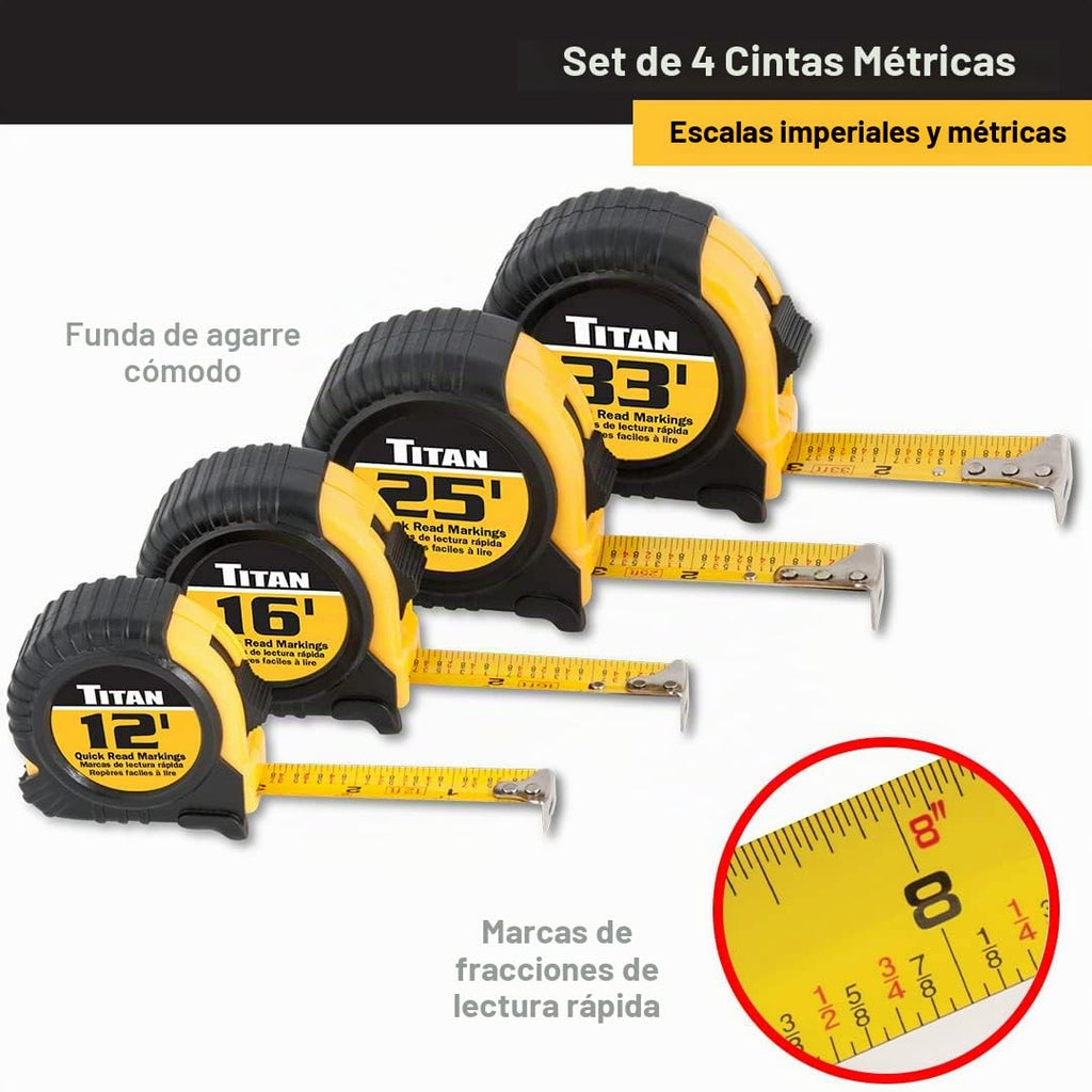 Titan Cinta métrica 10902 con marcas estándar de fácil lectura y estuche duradero, juego de 4 piezas, 12 pies, 16 pies, 25 pies y 33 pies