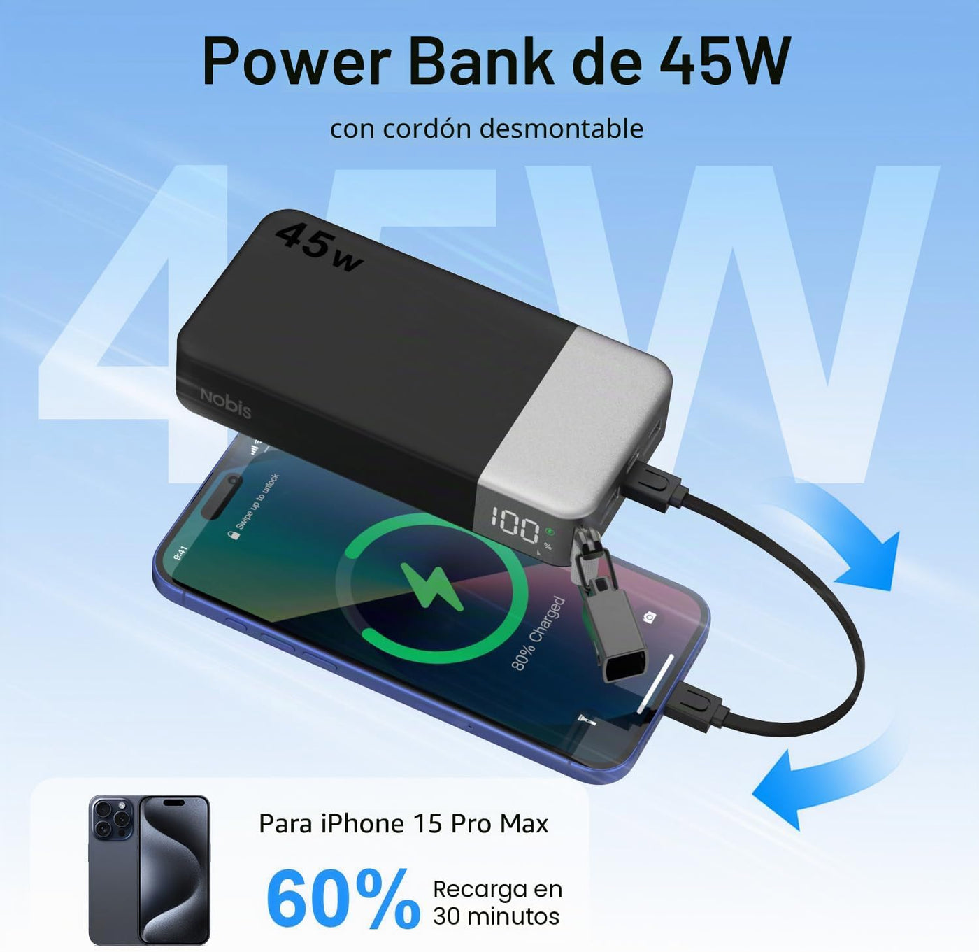 NOBIS Cargador portátil de 20000 mAh, batería de 45 W, carga rápida...