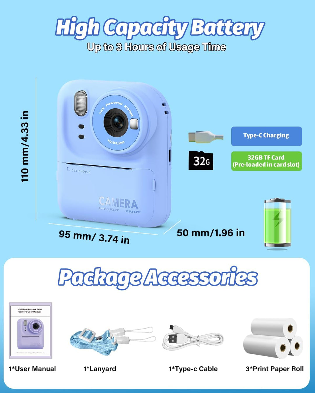 Teslahero Cámara para niños con impresión instantánea de fotos, cám...
