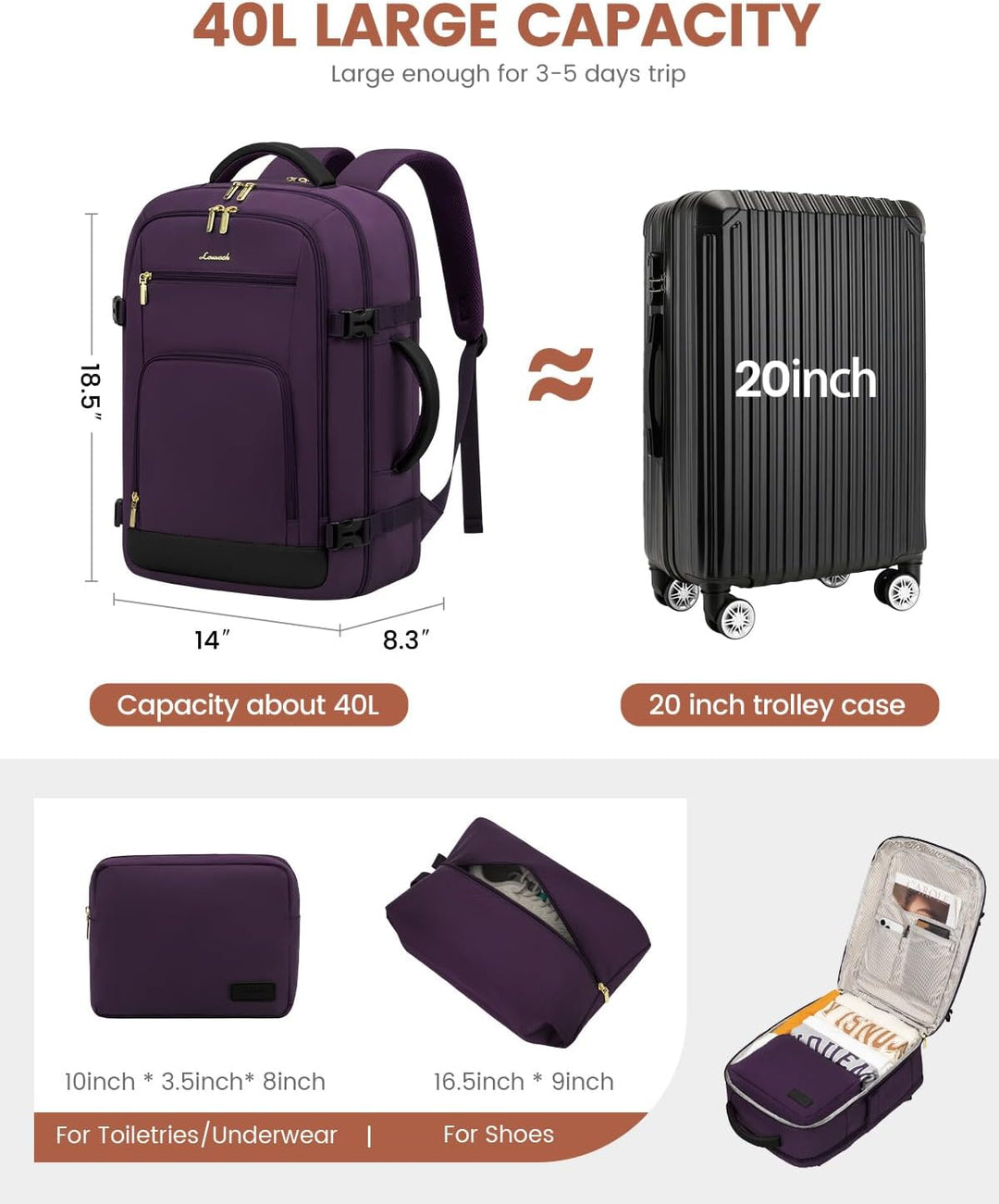 LOVEVOOK Mochila de viaje de mano para mujer, aprobada para vuelos,...