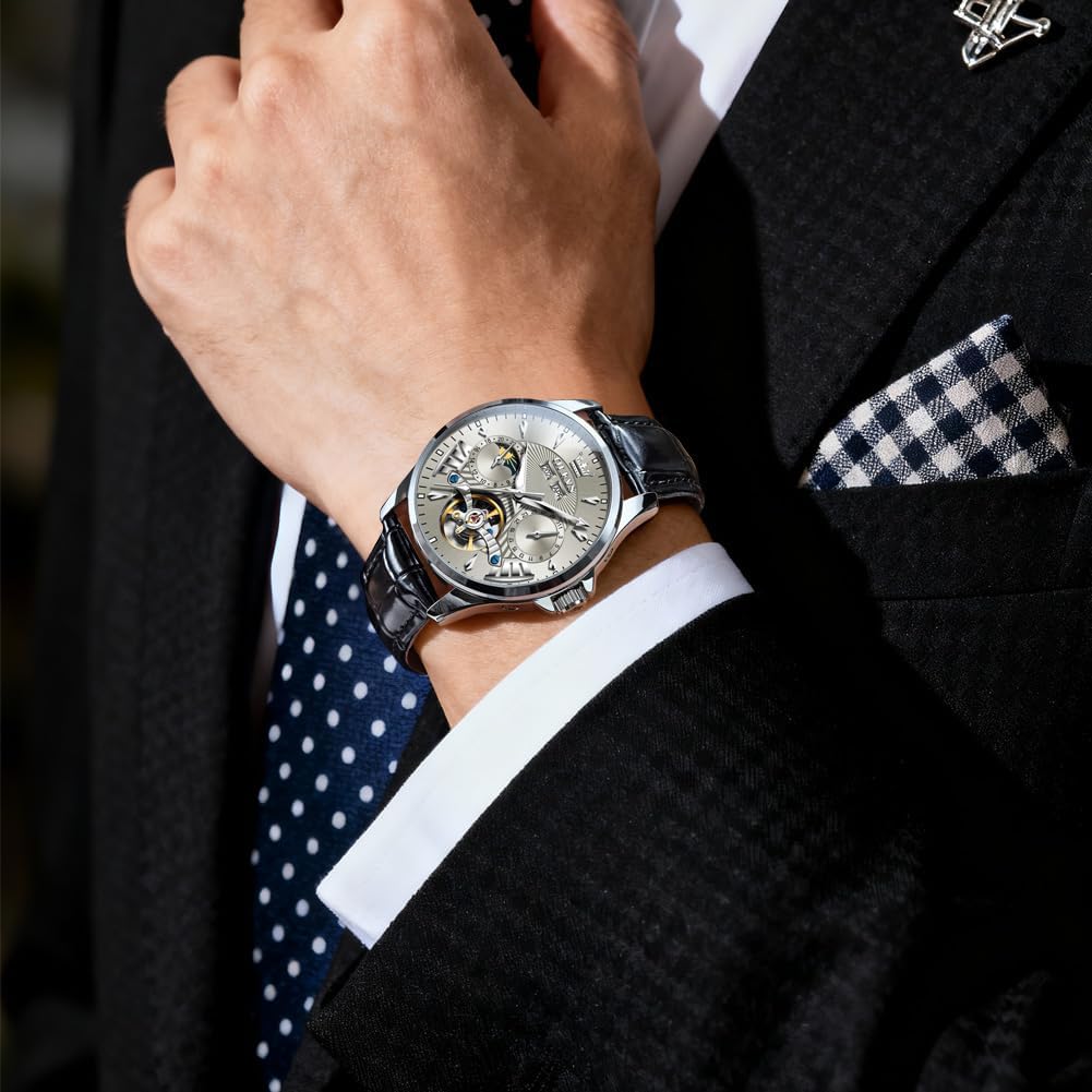 OLEVS - Relojes automáticos para hombre, multicalendario, con fase lunar, 3ATM impermeable, reloj de lujo clásico para negocios, de pulsera