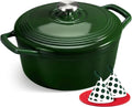 Overmont Horno holandés de hierro fundido esmaltado, olla de 5.5 cuartos de galón con tapa, libro de cocina y agarraderas de algodón, utensilios de cocina resistentes para estofar, guisos, asar