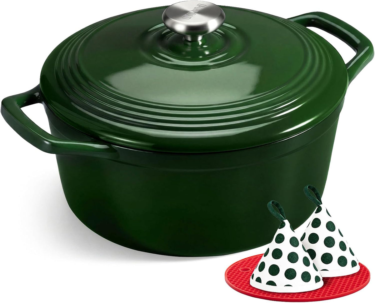 Overmont Horno holandés de hierro fundido esmaltado, olla de 5.5 cuartos de galón con tapa, libro de cocina y agarraderas de algodón, utensilios de cocina resistentes para estofar, guisos, asar