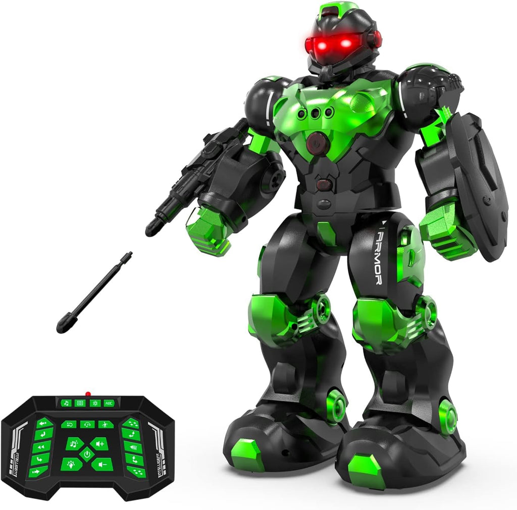 STEMTRON Robot de juguete para niños, robot programable de control remoto con detección inteligente de gestos, recarga, modo de canto y baile, lanzador (verde)