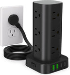 Regleta de alimentación de torre con múltiples salidas, protector de sobretensiones de enchufe plano, cable de extensión de torre con 12 tomas de CA, 4 puertos USB (2 USB C), cable de 6 pies