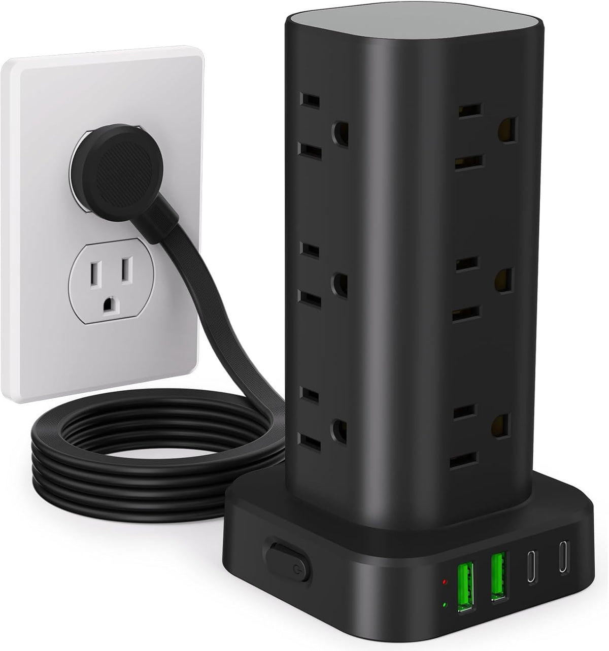 Regleta de alimentación de torre con múltiples salidas, protector de sobretensiones de enchufe plano, cable de extensión de torre con 12 tomas de CA, 4 puertos USB (2 USB C), cable de 6 pies