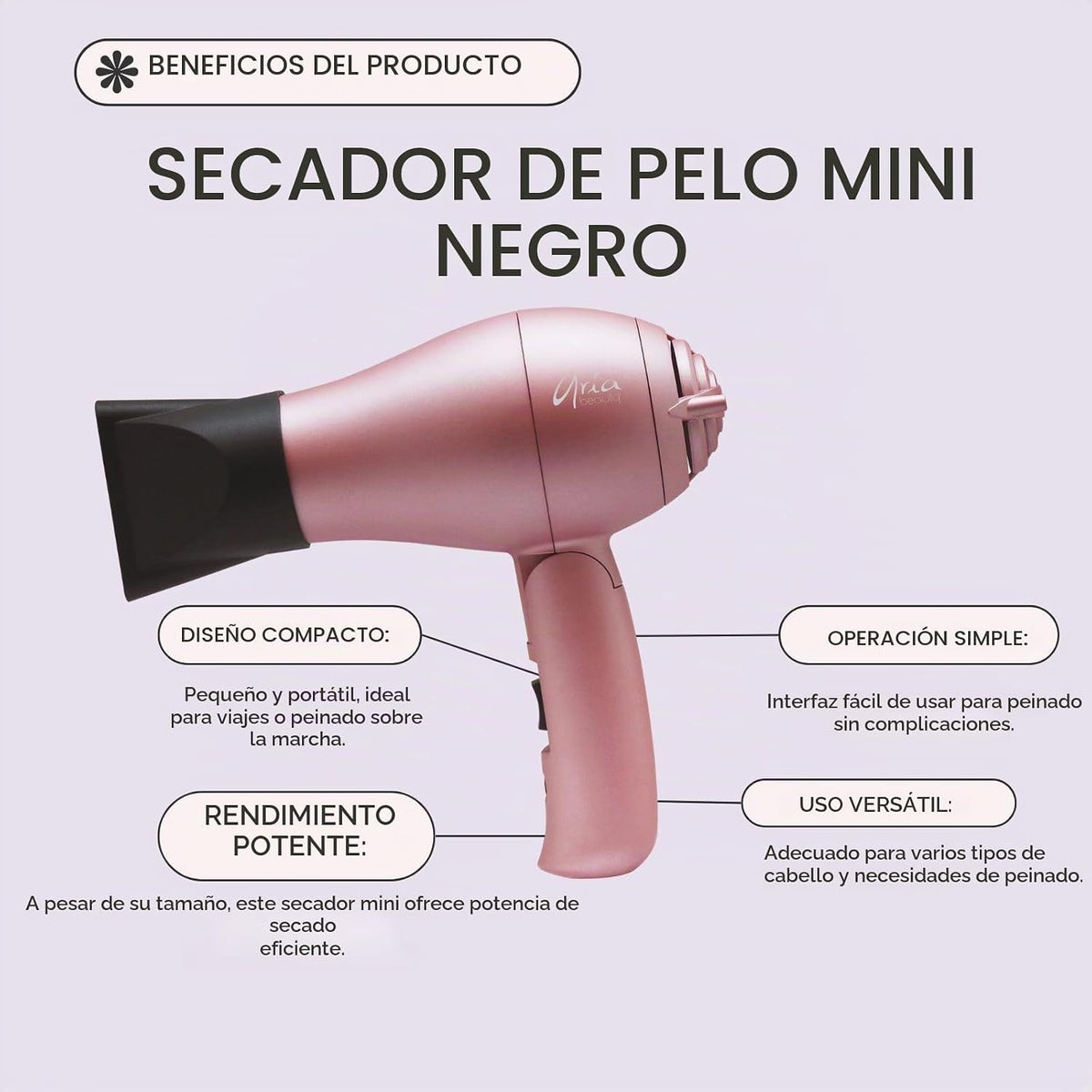 Aria Beauty Mini secador plegable compacto, doble votaje, difusor y boquilla concentradora incluida, diseño ligero, perfecto para viajes, 1000 W