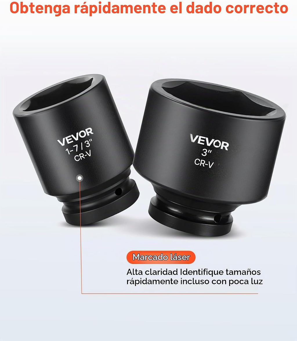 VEVOR Juego de Dados de Impacto de 1 pulgada, 21 Piezas, Dados de Impacto Poco Profundos de 6 Puntos, SAE (1-5/8 pulgadas a 3-1/8 pulgadas), con Barras de Extensión de 8 pulgadas y 18 pulgadas