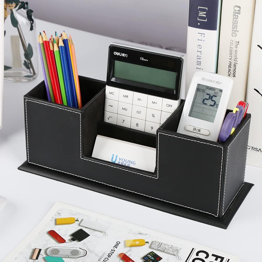 Organizador de escritorio para suministros de oficina, caja de almacenamiento de piel sintética, 4 compartimentos divididos para bolígrafos, tarjetas de visita, control remoto, teléfono