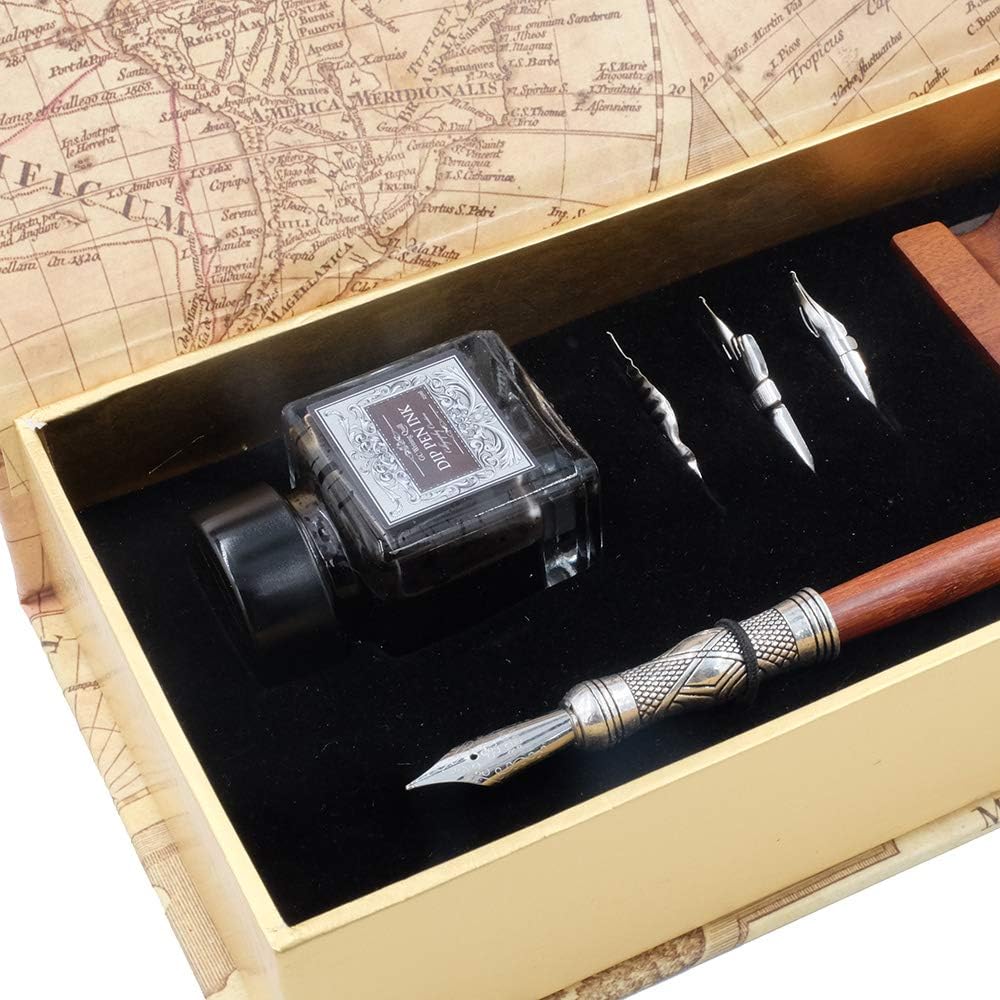 GC Pluma de madera antigua Pluma de caligrafía hecha a mano Juego de bolígrafos de punta de inmersión Estuche de escritura con pluma de tinta negra Cartuchos de soporte de madera LL-184