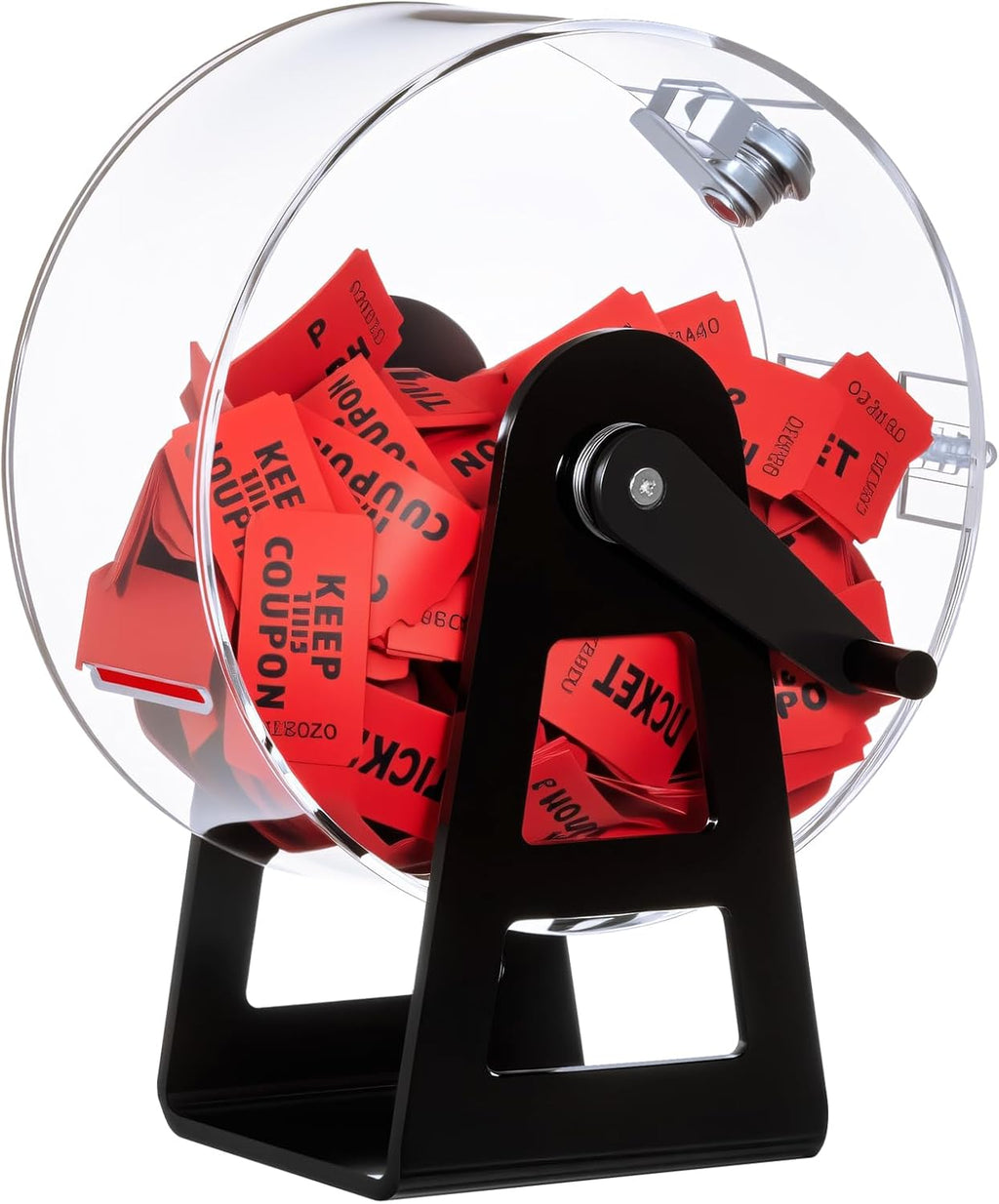 Leinuosen Tambor de rifa de acrílico, 9.1 x 4 x 7 pulgadas, jaula giratoria transparente con mano agitadora, caja giratoria de boletos transparente para juegos de sorteo de premios, bolas (rueda de fortuna)