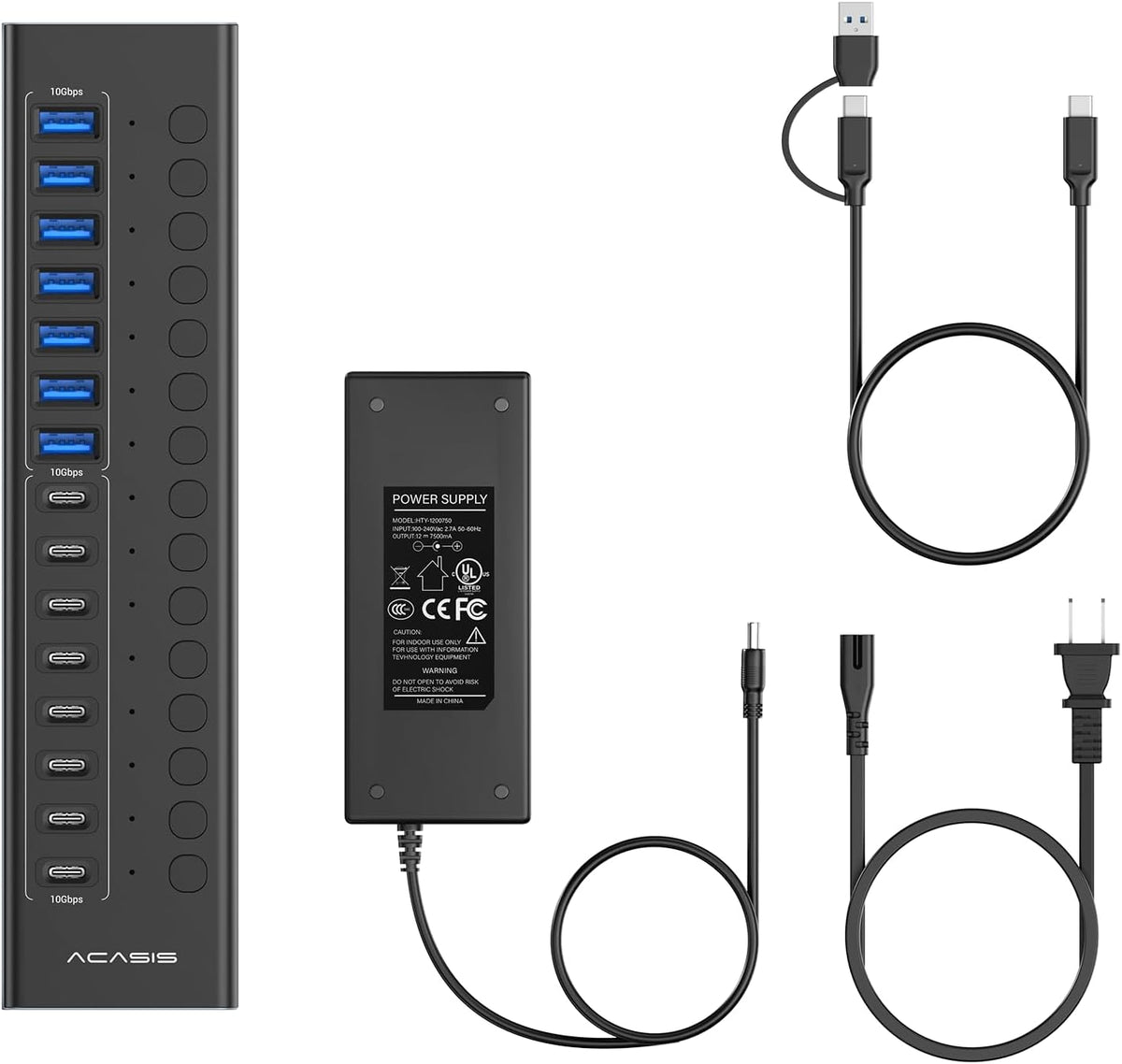 ACASIS, HB16Pro-BK, hub USB 3.2 de 16 puertos, alimentado, adaptador 5V/1.5A