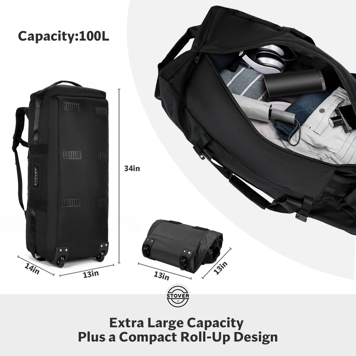 45/80/100/120L Bolsa de lona con ruedas, bolsa de viaje extra grande duradera + bolsa de aseo personal, resistente, plegable con correas para el hombro, uso como equipaje o mochila