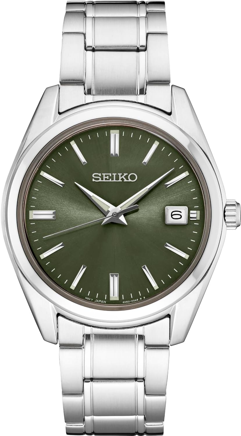 SEIKO SUR527 Reloj de cuarzo para hombre - Colección Essentials - Esfera verde con calendario de fecha, acero inoxidable - Resistente al agua 100M