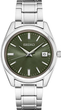 SEIKO SUR527 Reloj de cuarzo para hombre - Colección Essentials - Esfera verde con calendario de fecha, acero inoxidable - Resistente al agua 100M