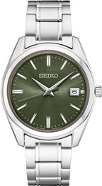 SEIKO SUR527 Reloj de cuarzo para hombre - Colección Essentials - Esfera verde con calendario de fecha, acero inoxidable - Resistente al agua 100M