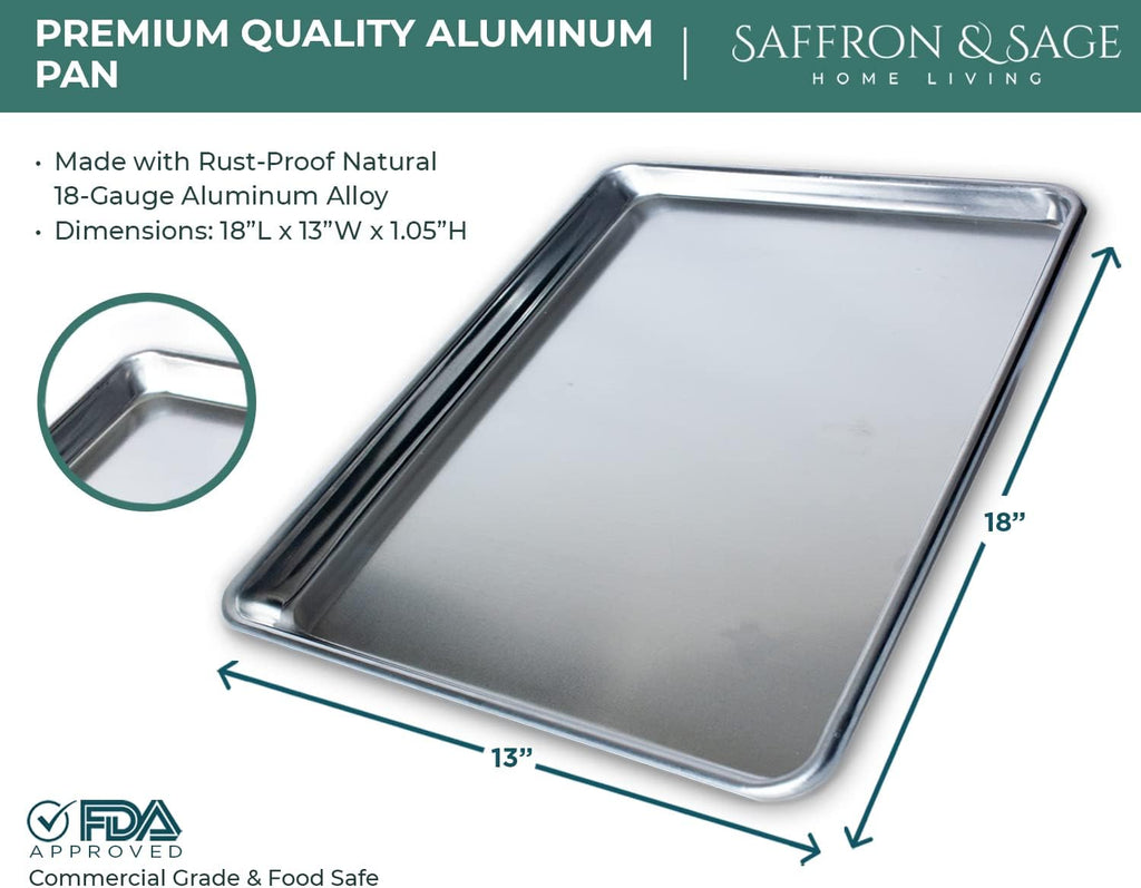 Saffron & Sage Home Living - Juego de 2 bandejas de aluminio para hornear de calidad comercial, paquete de 2 bandejas para hornear de media hoja, este juego de bandejas para hornear con borde de 18 x