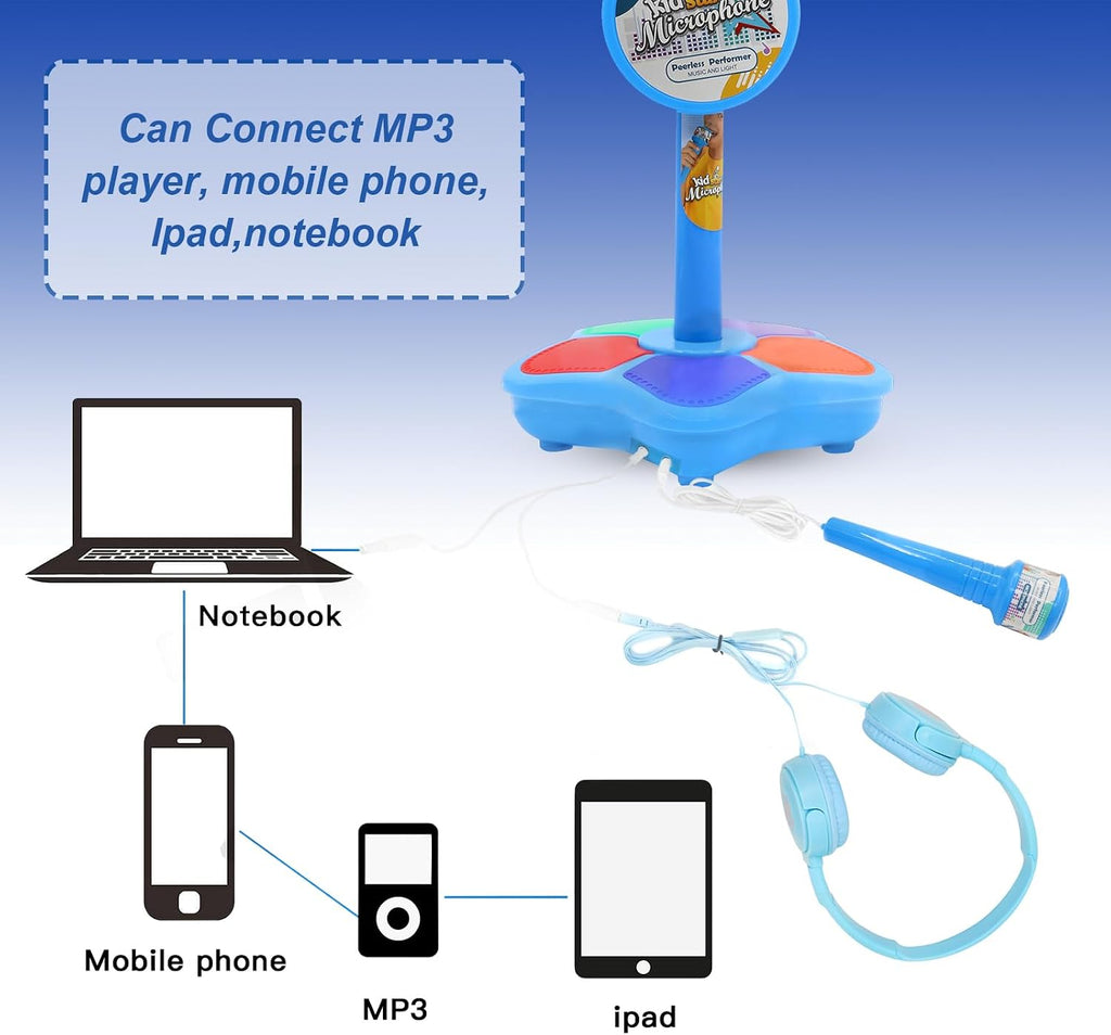 Lámpara Micrófono de karaoke para niños con soporte ajustable, micrófono de pie para cantar portátil, auriculares retráctiles para cantar música, base de luz intermitente para niños y niñas de 3 a 6 años (rosa)