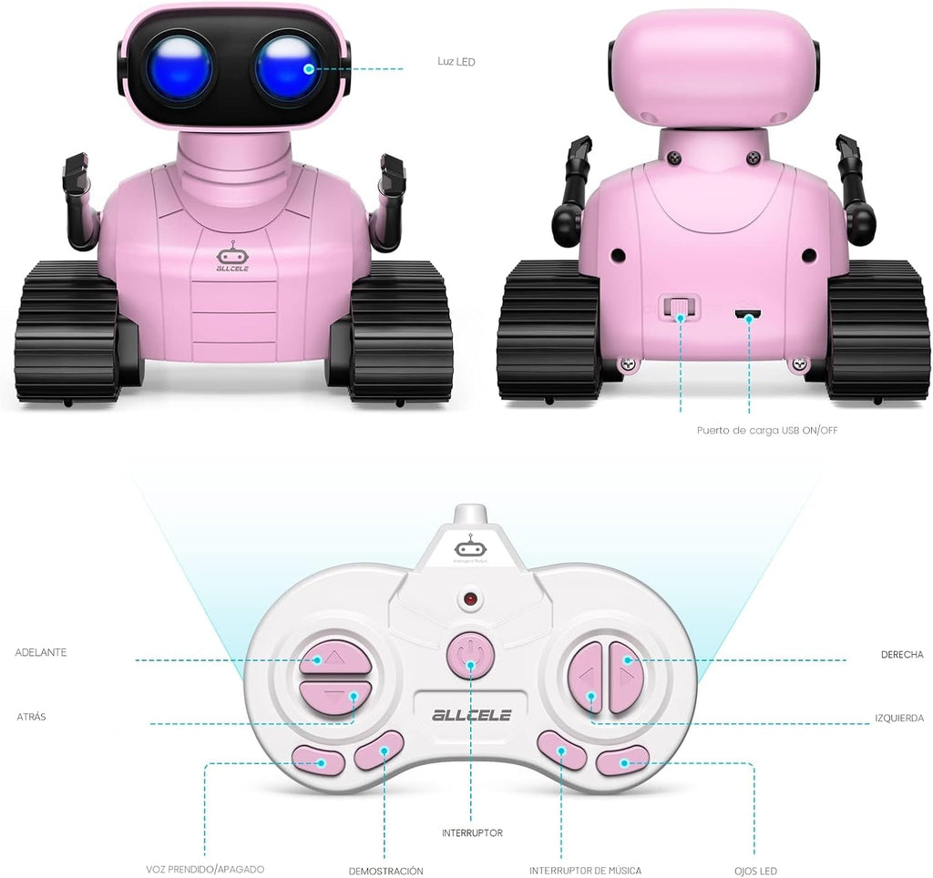 ALLCELE Robot de juguete para niñas, robot RC recargable para niños, juguete de control remoto con música y ojos LED, regalo para niños a partir de 3 años, color rosa