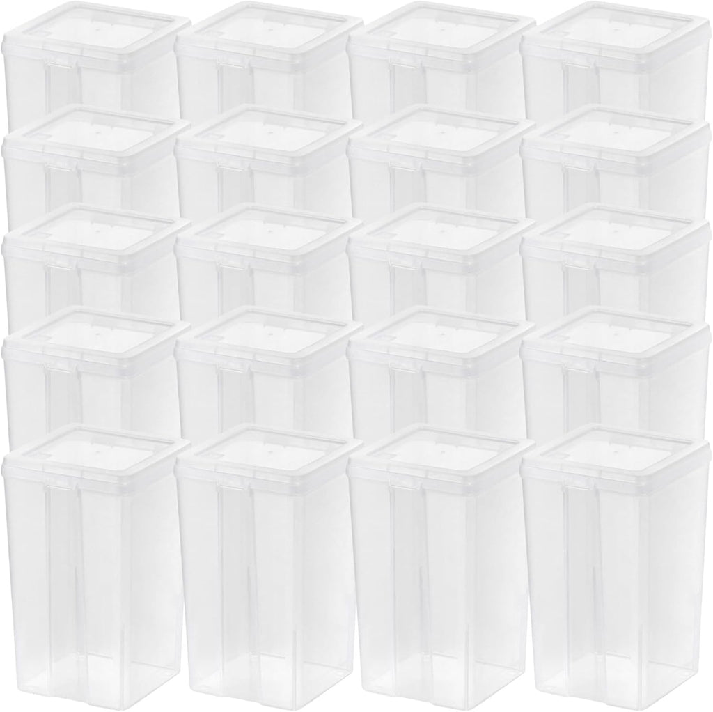 IRIS USA Contenedores verticales de plástico con tapa abatible para despensa, hogar, oficina, organización, mediano, organizador apilable con bisagras con cierres, transparente, paquete de 20