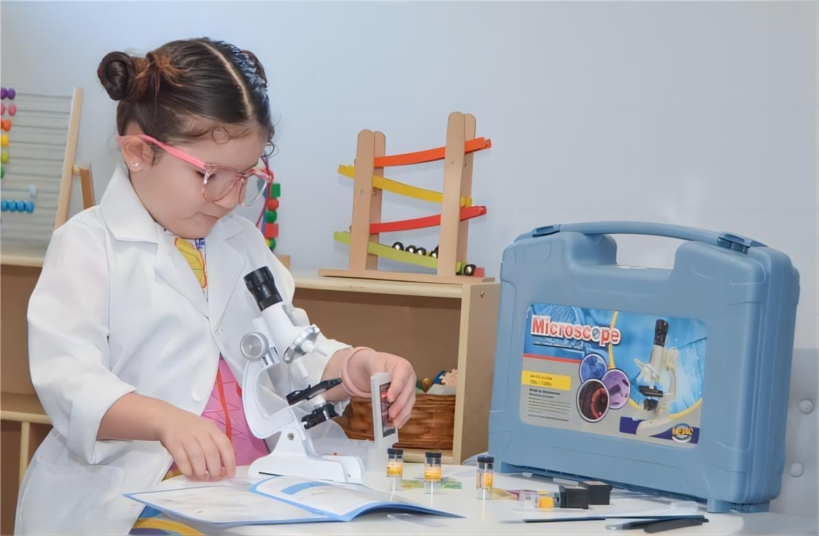 Uarzt Kit de microscopio para niños principiantes con aumento de 100X-1200X, 13 diapositivas preparadas y diapositivas en blanco para hacer tú mismo, lente HD de 18 mm, luz LED ajustable y caja de ABS