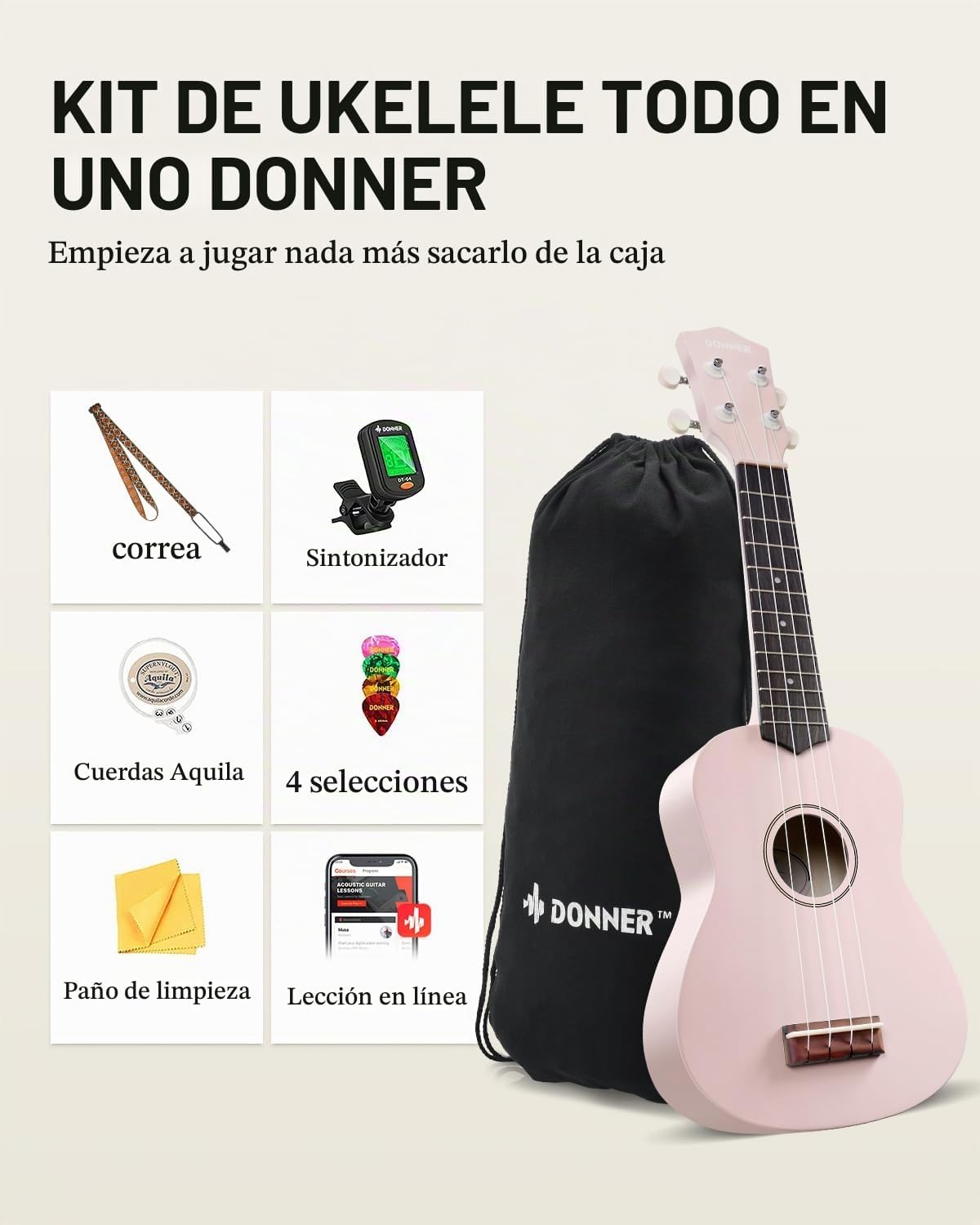 Donner Ukulele soprano para principiantes, ukulele mate de 21 pulgadas, kit para principiantes con bolsa, correa, afinador, cuerdas, púas, paño, lecciones en línea gratuitas, regalo de fiestas