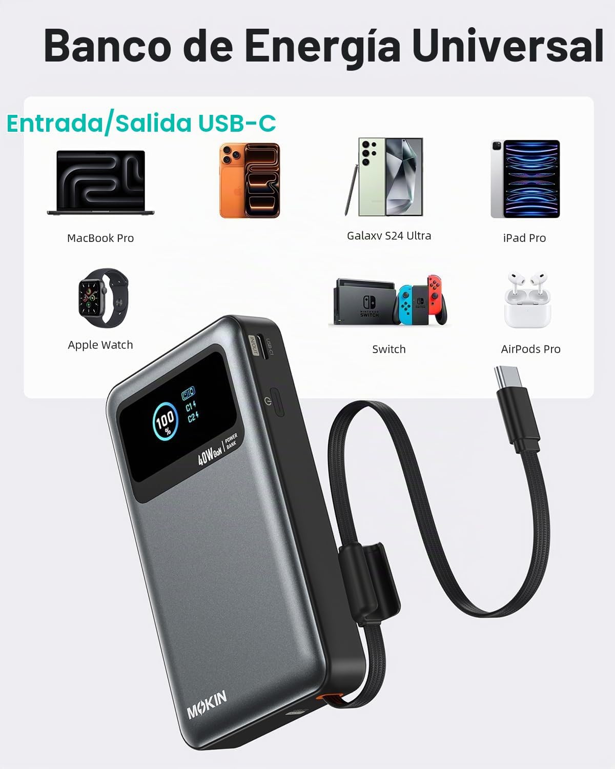 MOKiN Banco de energía 3 en 1, cargador portátil de 10000 mAh 40 W...