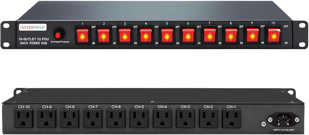 1U PDU Horizontal Rackmount Power Strip - Overload Protector