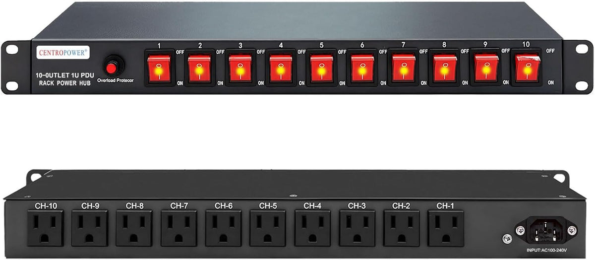 1U PDU Horizontal Rackmount Power Strip - Overload Protector