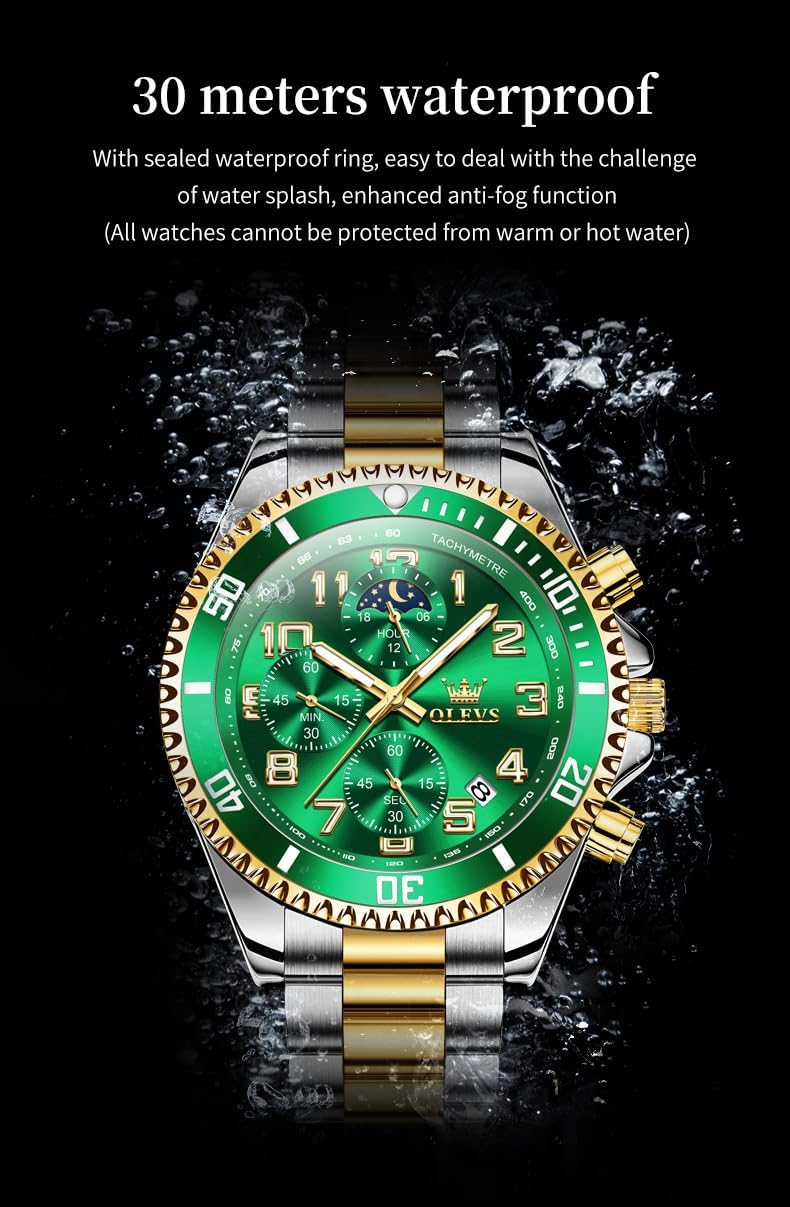 OLEVS Reloj de caballero Cronógrafo de lujo con fases de la luna, dos tonos, acero inoxidable, a prueba de agua, luminiscente, calendario empresarial, reloj de pulsera