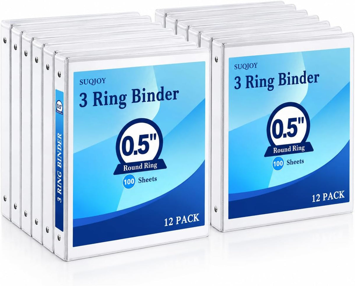Carpeta duradera de 3 anillos de 1/2 pulgada, carpeta de anillos redondos de 0.5 pulgadas con 2 bolsillos interiores, paquete de 12 carpetas blancas, carpeta transparente con capacidad para papel de 8.5 x 11 pulgadas para oficina, hogar, regreso a clases